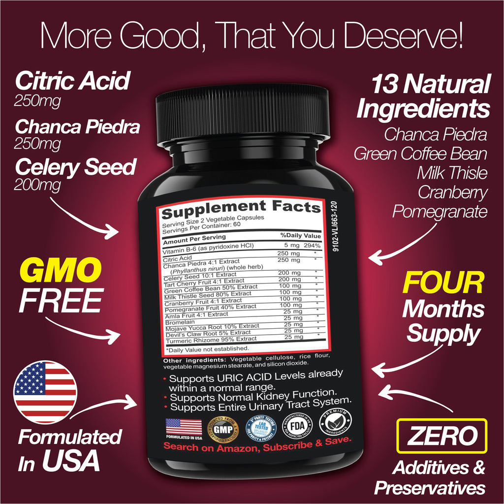 Uric Acid Support -120 Capsules - Supports Kidney Cleanse Detox & Repair, Gallbladder & Urinary Tract Issues